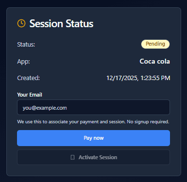Buyer session status page with email input and payment options